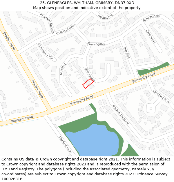 25, GLENEAGLES, WALTHAM, GRIMSBY, DN37 0XD: Location map and indicative extent of plot