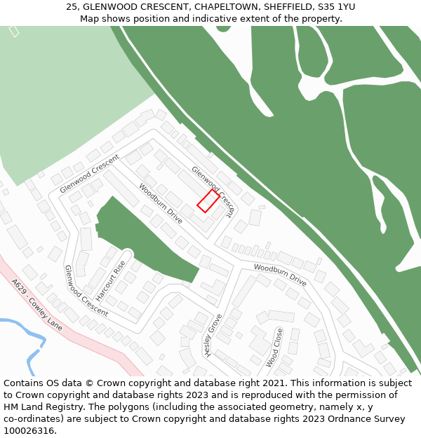 25, GLENWOOD CRESCENT, CHAPELTOWN, SHEFFIELD, S35 1YU: Location map and indicative extent of plot
