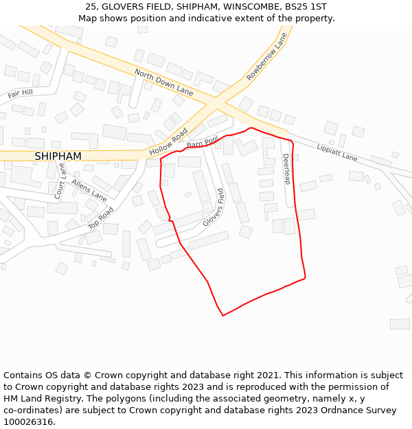 25, GLOVERS FIELD, SHIPHAM, WINSCOMBE, BS25 1ST: Location map and indicative extent of plot