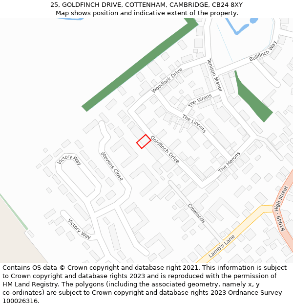 25, GOLDFINCH DRIVE, COTTENHAM, CAMBRIDGE, CB24 8XY: Location map and indicative extent of plot