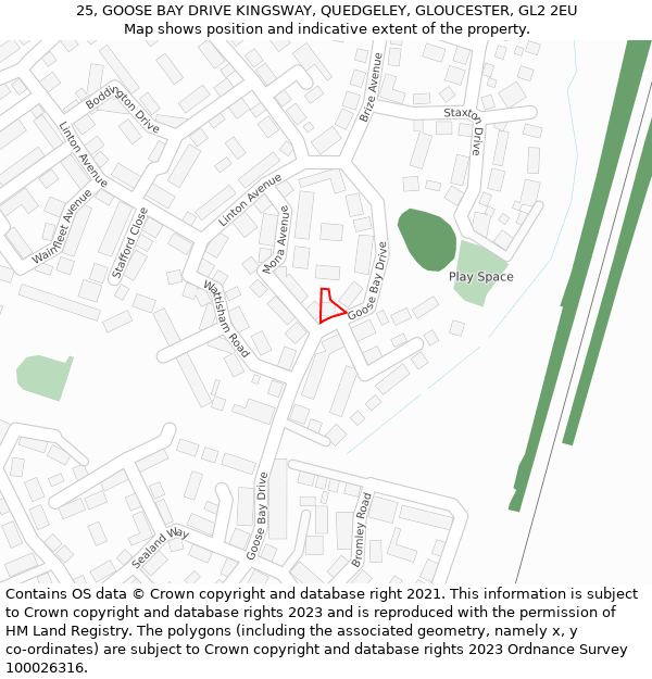 25, GOOSE BAY DRIVE KINGSWAY, QUEDGELEY, GLOUCESTER, GL2 2EU: Location map and indicative extent of plot