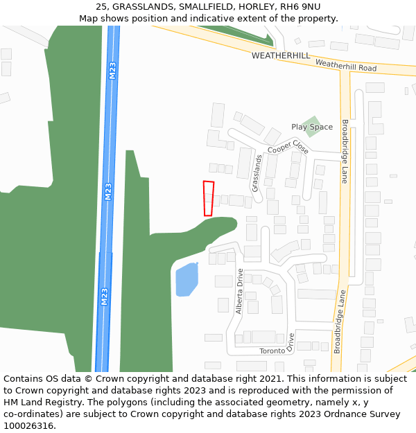 25, GRASSLANDS, SMALLFIELD, HORLEY, RH6 9NU: Location map and indicative extent of plot