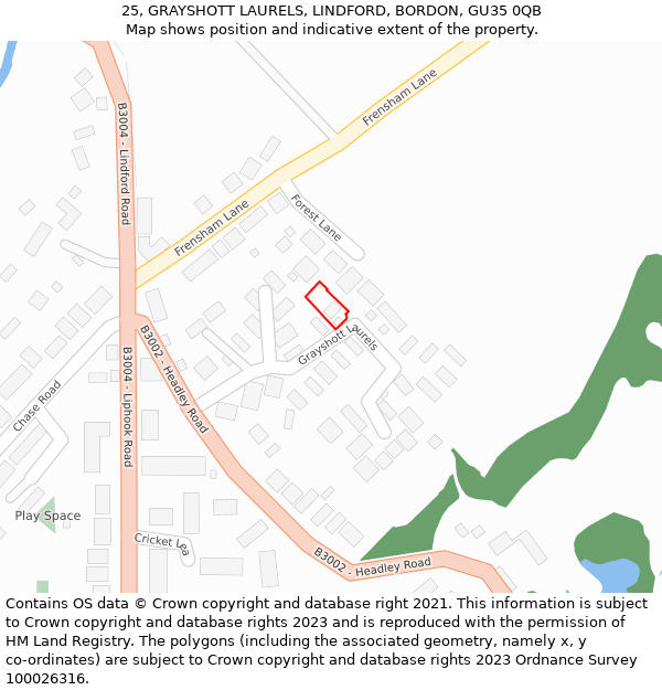 25, GRAYSHOTT LAURELS, LINDFORD, BORDON, GU35 0QB: Location map and indicative extent of plot