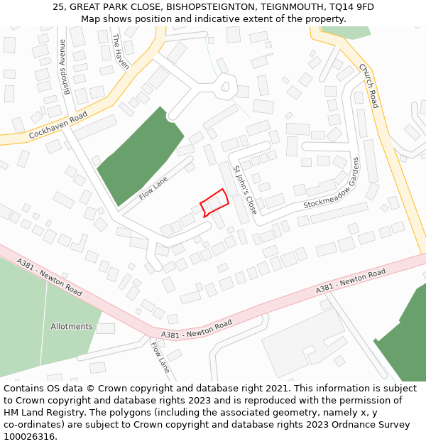 25, GREAT PARK CLOSE, BISHOPSTEIGNTON, TEIGNMOUTH, TQ14 9FD: Location map and indicative extent of plot