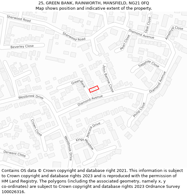 25, GREEN BANK, RAINWORTH, MANSFIELD, NG21 0FQ: Location map and indicative extent of plot