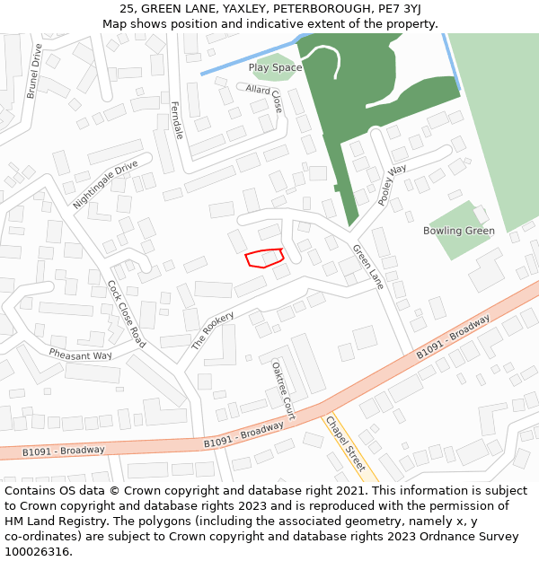 25, GREEN LANE, YAXLEY, PETERBOROUGH, PE7 3YJ: Location map and indicative extent of plot