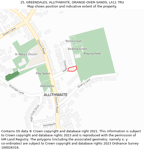 25, GREENDALES, ALLITHWAITE, GRANGE-OVER-SANDS, LA11 7RU: Location map and indicative extent of plot