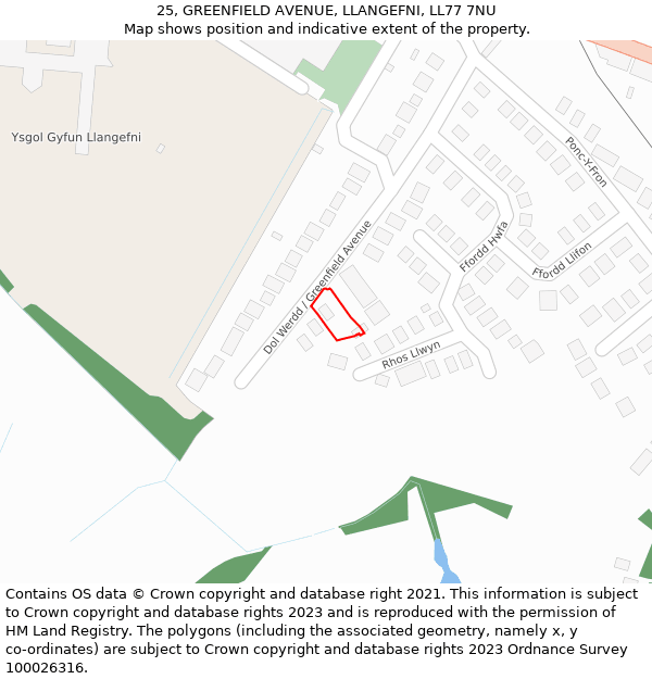 25, GREENFIELD AVENUE, LLANGEFNI, LL77 7NU: Location map and indicative extent of plot