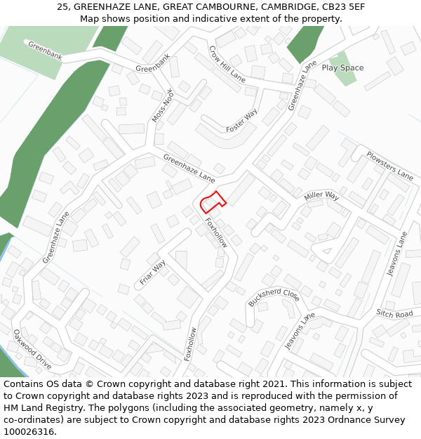 25, GREENHAZE LANE, GREAT CAMBOURNE, CAMBRIDGE, CB23 5EF: Location map and indicative extent of plot