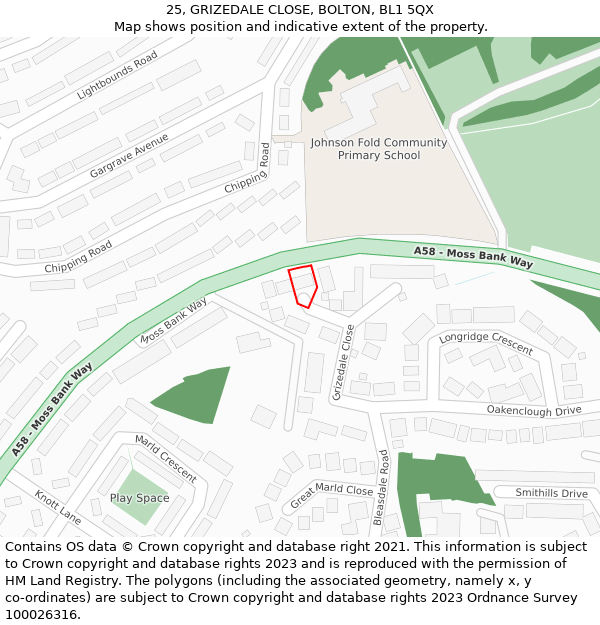 25, GRIZEDALE CLOSE, BOLTON, BL1 5QX: Location map and indicative extent of plot