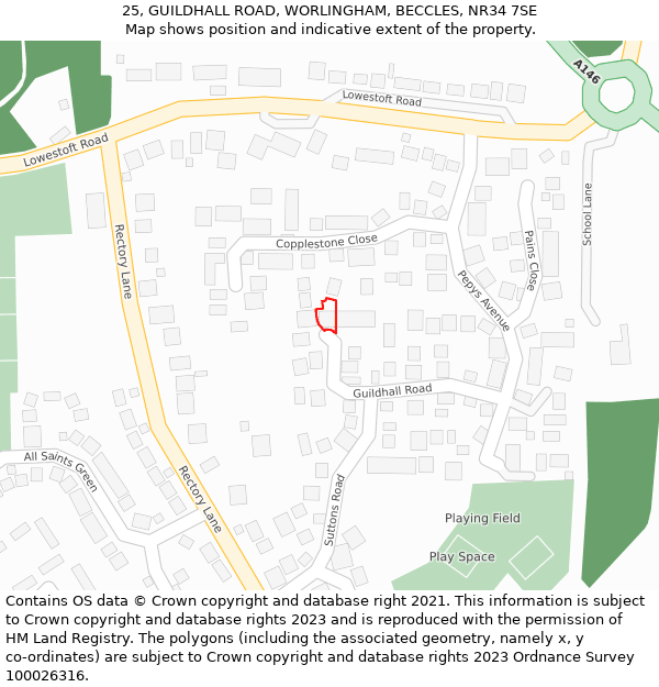 25, GUILDHALL ROAD, WORLINGHAM, BECCLES, NR34 7SE: Location map and indicative extent of plot