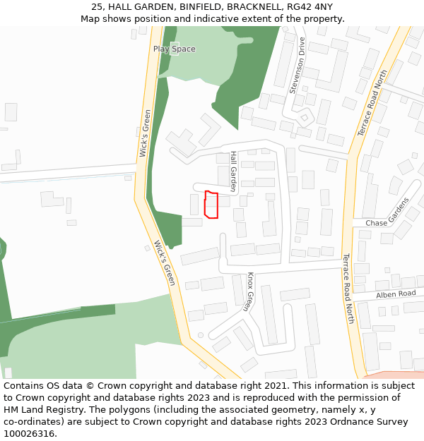 25, HALL GARDEN, BINFIELD, BRACKNELL, RG42 4NY: Location map and indicative extent of plot