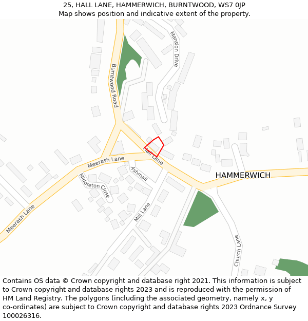 25, HALL LANE, HAMMERWICH, BURNTWOOD, WS7 0JP: Location map and indicative extent of plot