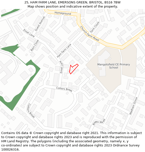 25, HAM FARM LANE, EMERSONS GREEN, BRISTOL, BS16 7BW: Location map and indicative extent of plot