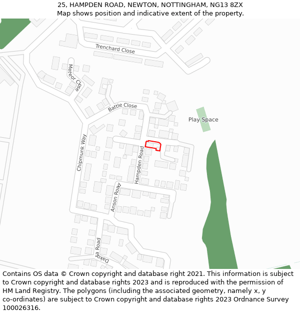 25, HAMPDEN ROAD, NEWTON, NOTTINGHAM, NG13 8ZX: Location map and indicative extent of plot