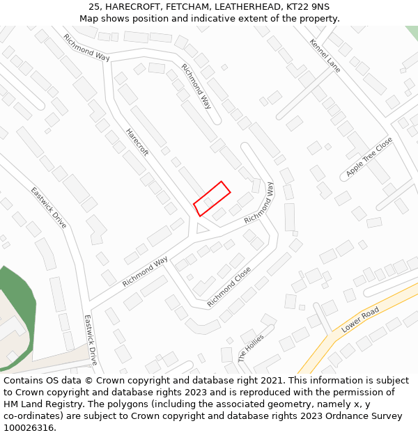 25, HARECROFT, FETCHAM, LEATHERHEAD, KT22 9NS: Location map and indicative extent of plot