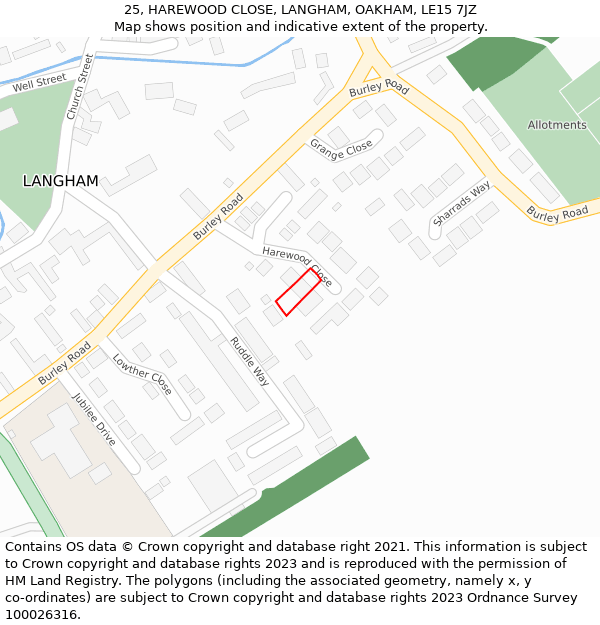 25, HAREWOOD CLOSE, LANGHAM, OAKHAM, LE15 7JZ: Location map and indicative extent of plot