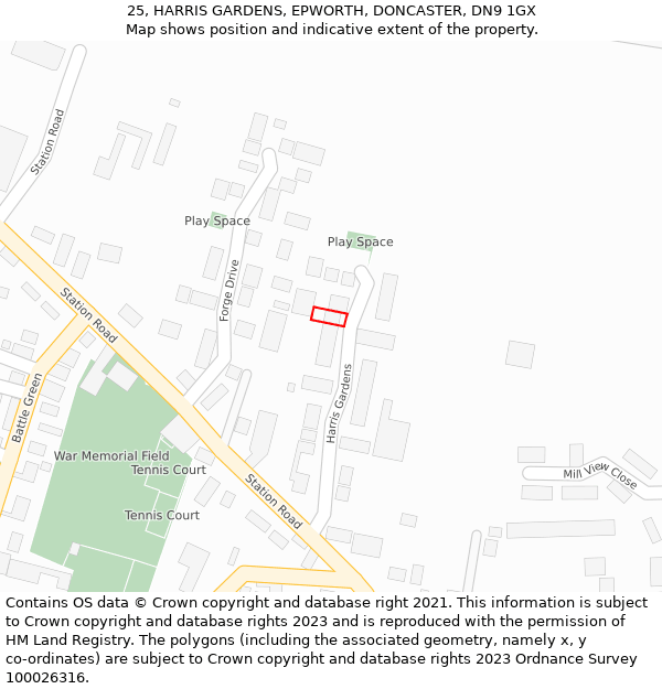 25, HARRIS GARDENS, EPWORTH, DONCASTER, DN9 1GX: Location map and indicative extent of plot