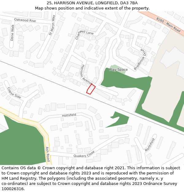 25, HARRISON AVENUE, LONGFIELD, DA3 7BA: Location map and indicative extent of plot