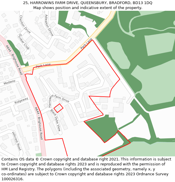 25, HARROWINS FARM DRIVE, QUEENSBURY, BRADFORD, BD13 1DQ: Location map and indicative extent of plot