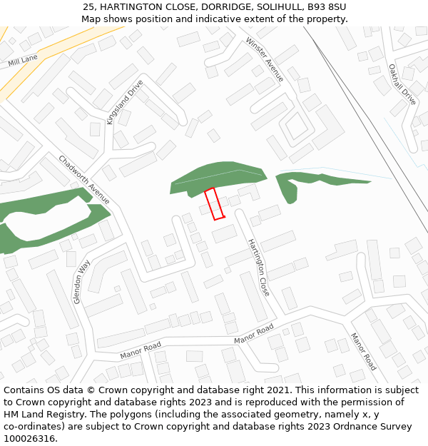 25, HARTINGTON CLOSE, DORRIDGE, SOLIHULL, B93 8SU: Location map and indicative extent of plot