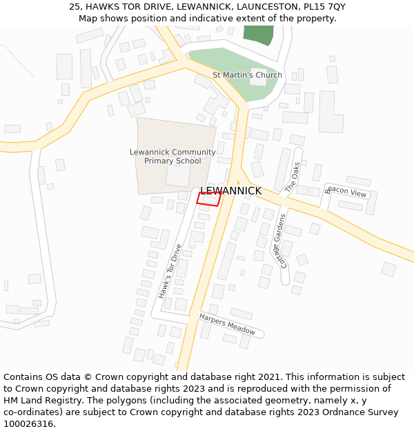 25, HAWKS TOR DRIVE, LEWANNICK, LAUNCESTON, PL15 7QY: Location map and indicative extent of plot