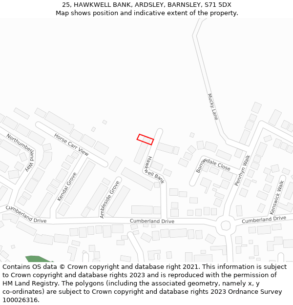 25, HAWKWELL BANK, ARDSLEY, BARNSLEY, S71 5DX: Location map and indicative extent of plot