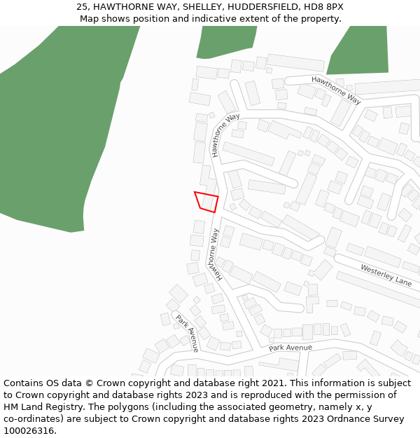 25, HAWTHORNE WAY, SHELLEY, HUDDERSFIELD, HD8 8PX: Location map and indicative extent of plot