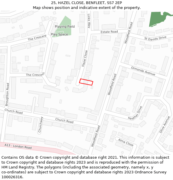 25, HAZEL CLOSE, BENFLEET, SS7 2EP: Location map and indicative extent of plot