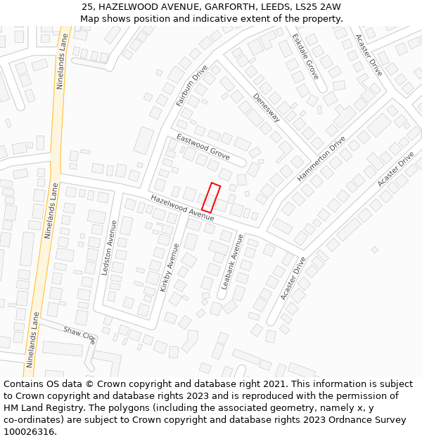 25, HAZELWOOD AVENUE, GARFORTH, LEEDS, LS25 2AW: Location map and indicative extent of plot