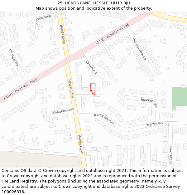 25, HEADS LANE, HESSLE, HU13 0JH: Location map and indicative extent of plot