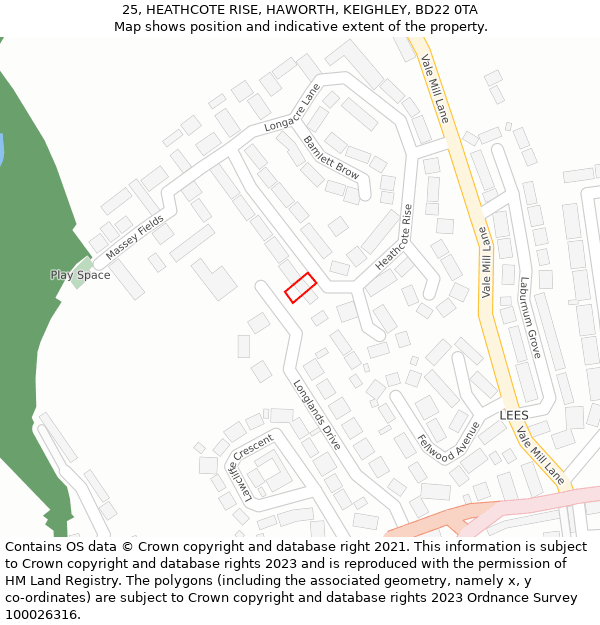 25, HEATHCOTE RISE, HAWORTH, KEIGHLEY, BD22 0TA: Location map and indicative extent of plot