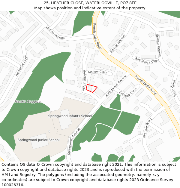 25, HEATHER CLOSE, WATERLOOVILLE, PO7 8EE: Location map and indicative extent of plot