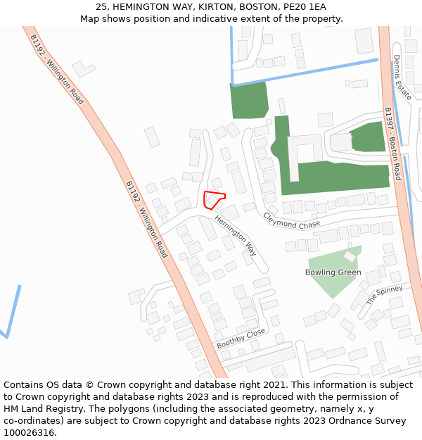 25, HEMINGTON WAY, KIRTON, BOSTON, PE20 1EA: Location map and indicative extent of plot