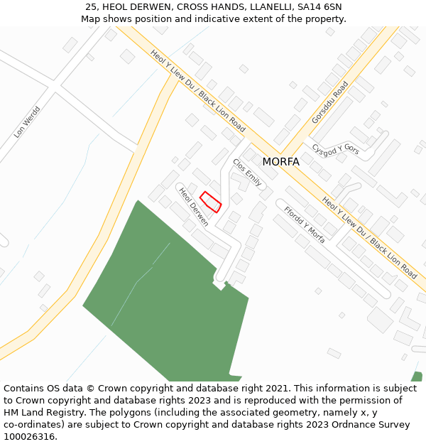 25, HEOL DERWEN, CROSS HANDS, LLANELLI, SA14 6SN: Location map and indicative extent of plot