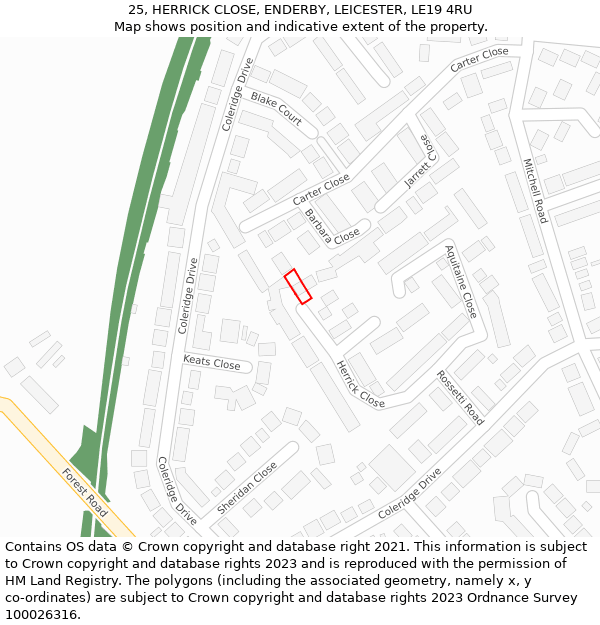 25, HERRICK CLOSE, ENDERBY, LEICESTER, LE19 4RU: Location map and indicative extent of plot