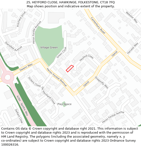 25, HEYFORD CLOSE, HAWKINGE, FOLKESTONE, CT18 7FQ: Location map and indicative extent of plot