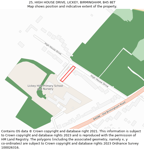 25, HIGH HOUSE DRIVE, LICKEY, BIRMINGHAM, B45 8ET: Location map and indicative extent of plot