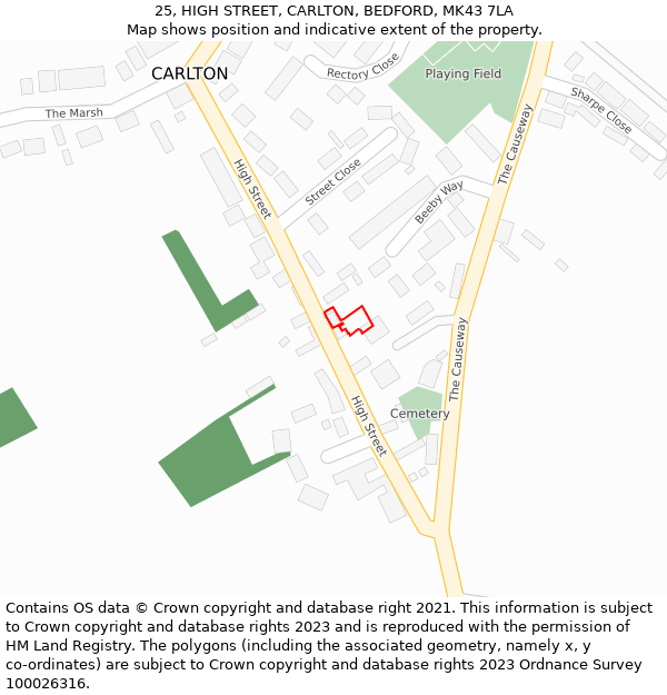 25, HIGH STREET, CARLTON, BEDFORD, MK43 7LA: Location map and indicative extent of plot