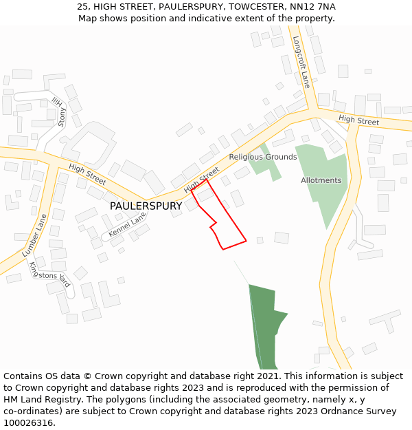 25, HIGH STREET, PAULERSPURY, TOWCESTER, NN12 7NA: Location map and indicative extent of plot