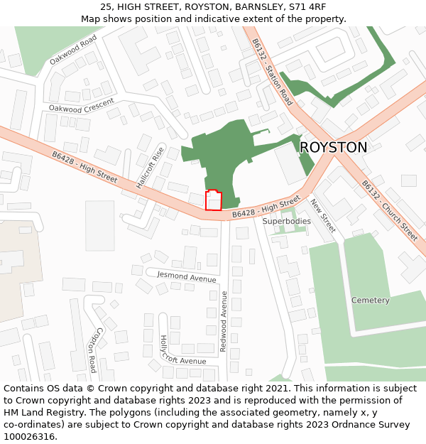 25, HIGH STREET, ROYSTON, BARNSLEY, S71 4RF: Location map and indicative extent of plot