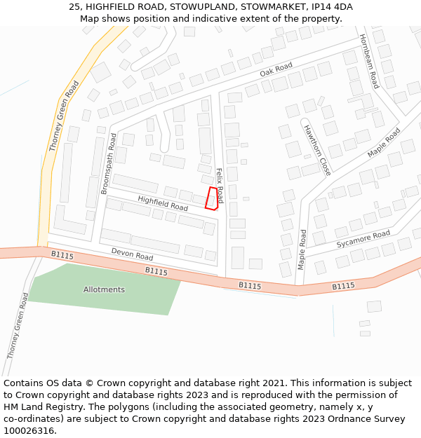 25, HIGHFIELD ROAD, STOWUPLAND, STOWMARKET, IP14 4DA: Location map and indicative extent of plot