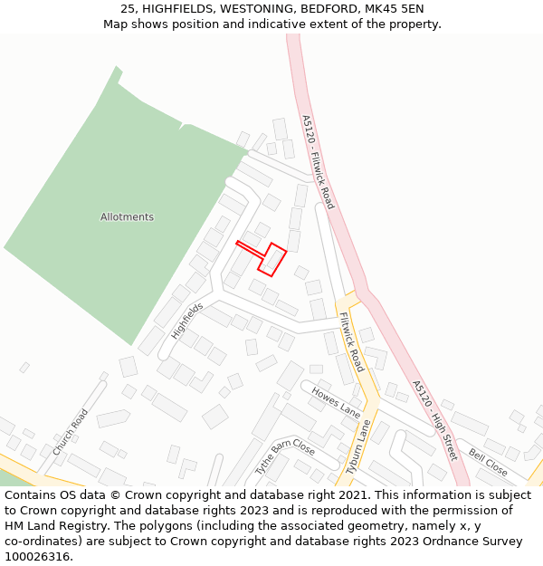 25, HIGHFIELDS, WESTONING, BEDFORD, MK45 5EN: Location map and indicative extent of plot