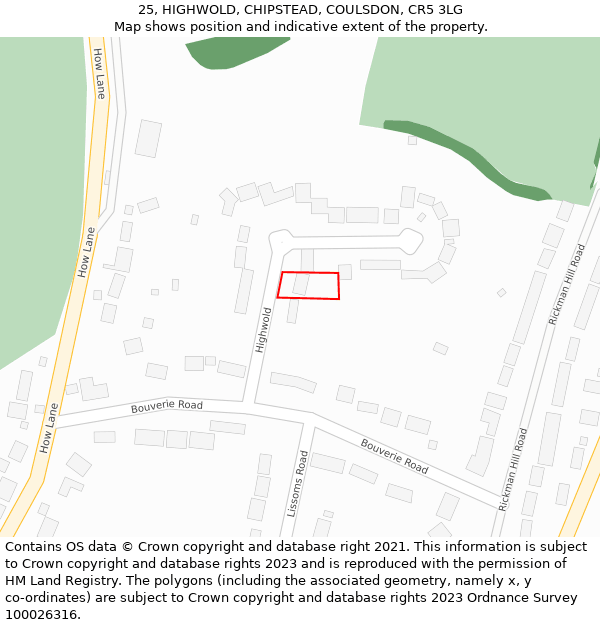 25, HIGHWOLD, CHIPSTEAD, COULSDON, CR5 3LG: Location map and indicative extent of plot