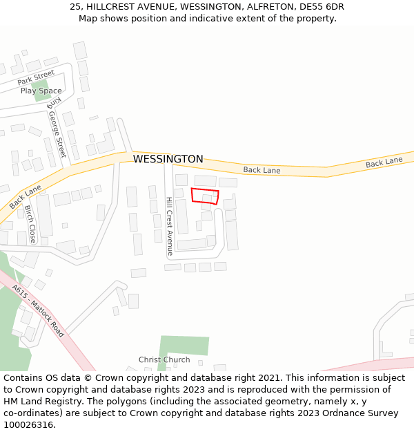 25, HILLCREST AVENUE, WESSINGTON, ALFRETON, DE55 6DR: Location map and indicative extent of plot