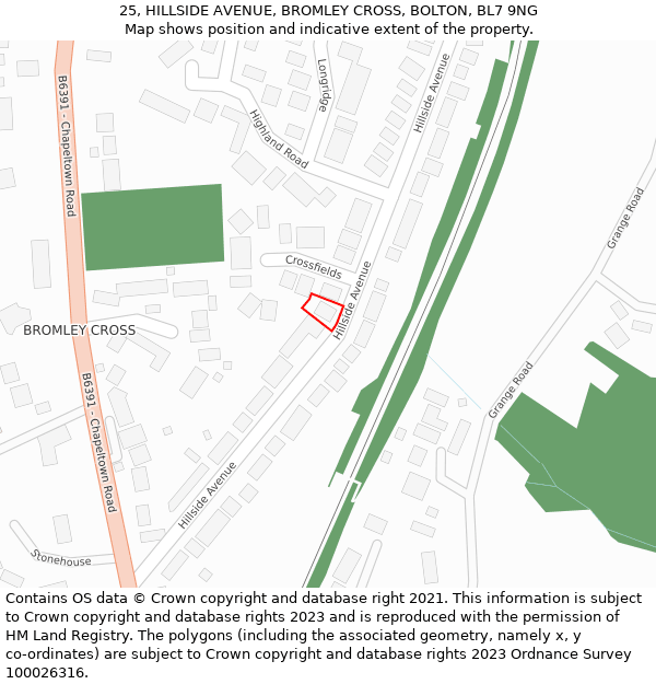 25, HILLSIDE AVENUE, BROMLEY CROSS, BOLTON, BL7 9NG: Location map and indicative extent of plot