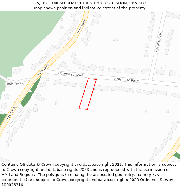 25, HOLLYMEAD ROAD, CHIPSTEAD, COULSDON, CR5 3LQ: Location map and indicative extent of plot