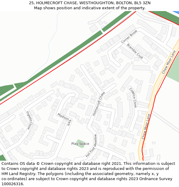 25, HOLMECROFT CHASE, WESTHOUGHTON, BOLTON, BL5 3ZN: Location map and indicative extent of plot