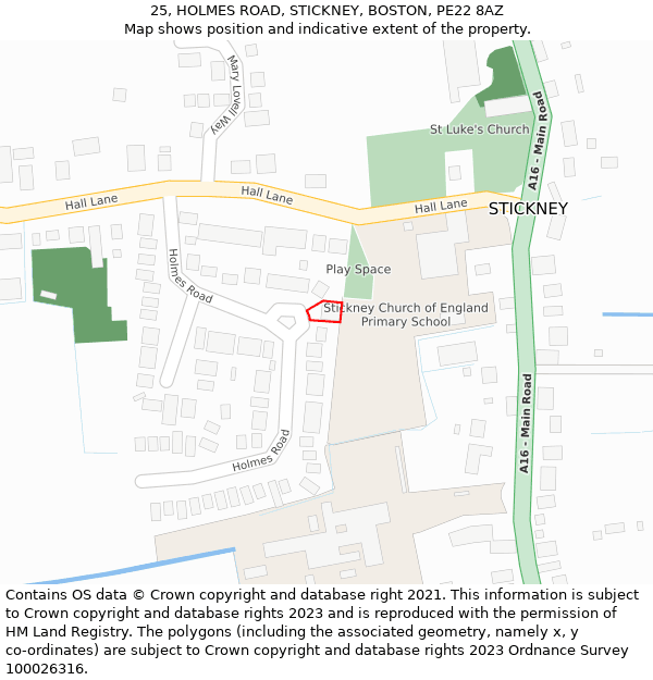 25, HOLMES ROAD, STICKNEY, BOSTON, PE22 8AZ: Location map and indicative extent of plot