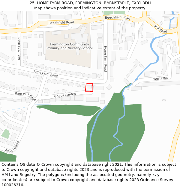 25, HOME FARM ROAD, FREMINGTON, BARNSTAPLE, EX31 3DH: Location map and indicative extent of plot